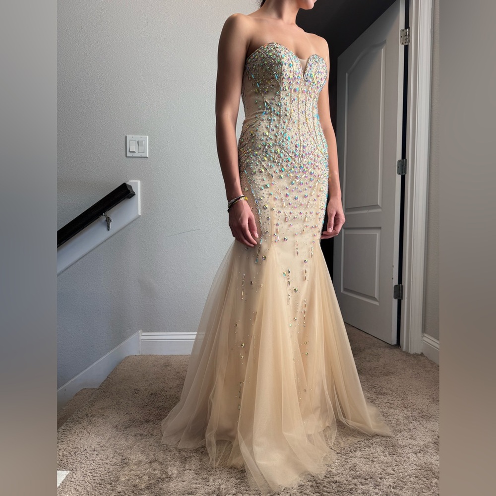 Strapless Beaded Formal Dress in Cream